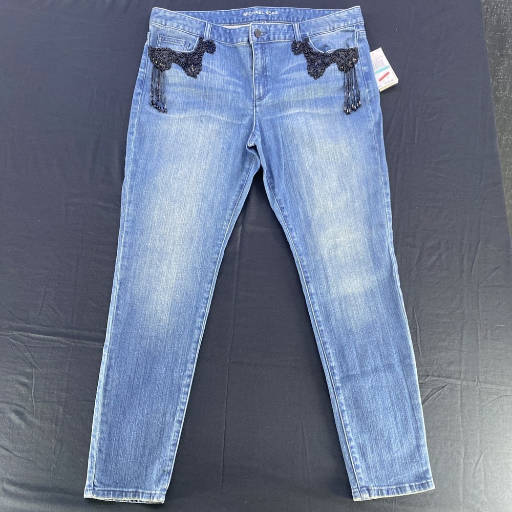 Michael Kors Blue Skinny Jeans Mid Rise Bead Embroidered Women's 16 Vintage Wash - Picture 2 of 15